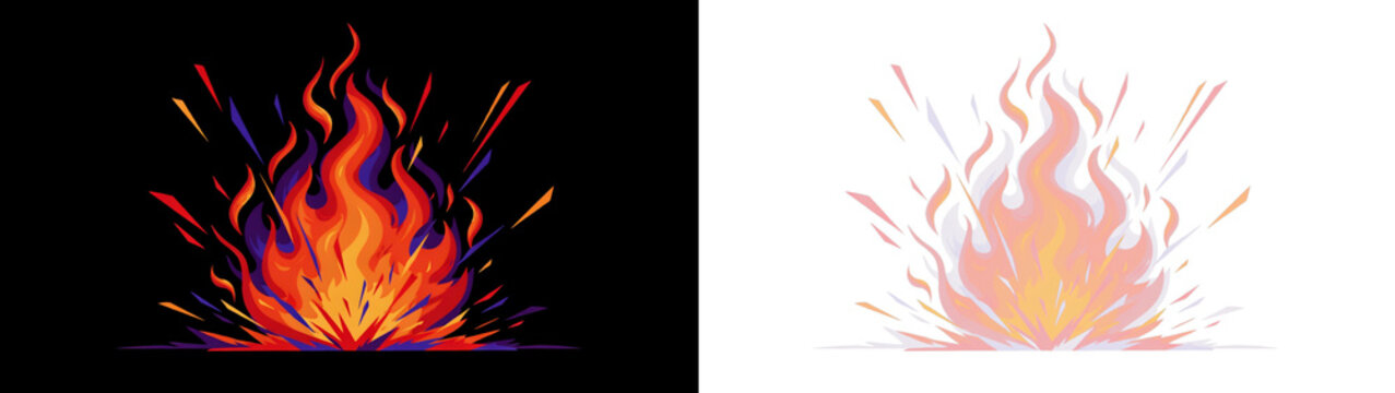Stylized vector illustration of a vibrant fire explosion with dynamic flames and sparks, set against contrasting black and transparent backgrounds