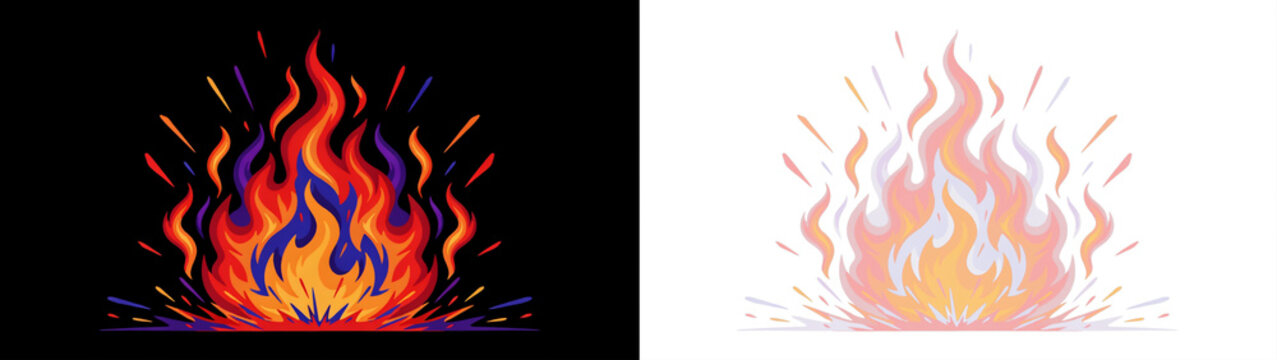 Set of two stylized fire illustrations, one with vibrant colors on black and one with soft pastel tones on transparent background, vector design elements