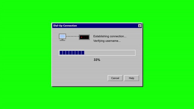 Retro dial up internet loading windows on green screen