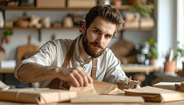 Hombre trabajando con regla y materiales sobre mesa de taller