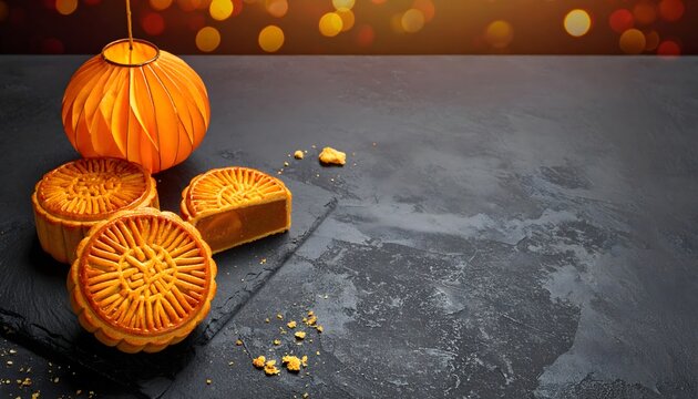Pasteles de luna con farol naranja sobre fondo oscuro y espacio para texto