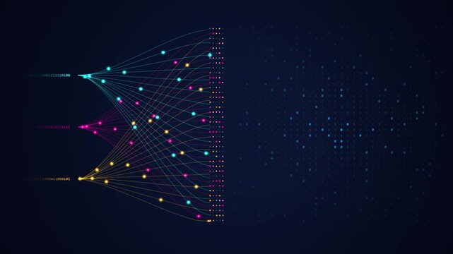 colorful binary data streams fanning through neural network layers into output nodes animation on dark blue