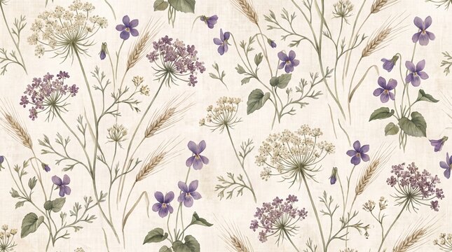 Seamless pattern with purple violets, wild umbellifers, and golden wheat stalks on beige paper
