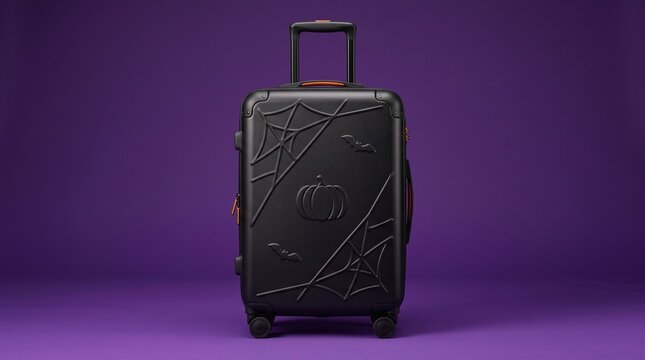 Stylish black Halloween themed travel suitcase with spider webs and pumpkin pattern on a purple background