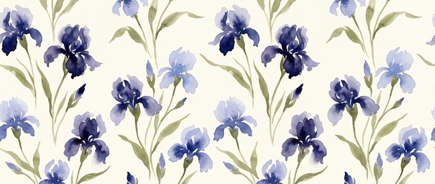 Seamless pattern with watercolor blue iris flowers and green leaves on a cream background