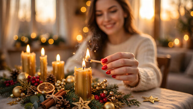 Natale e feste e celebrazioni; donna che accende candele su un elegante tavolo imbandito