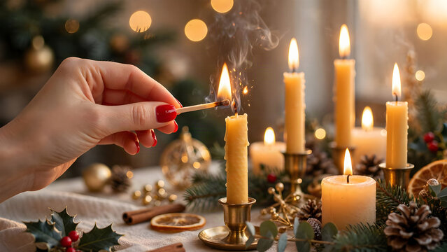 Natale e feste e celebrazioni; donna che accende candele su un elegante tavolo imbandito