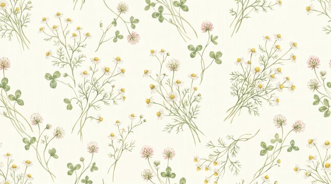 Seamless pattern with watercolor chamomile flowers and clover leaves on off-white background