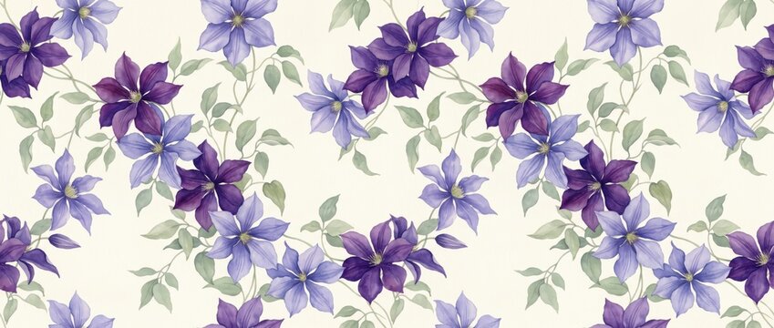 Seamless pattern with watercolor clematis flowers in shades of purple, violet, and pale green
