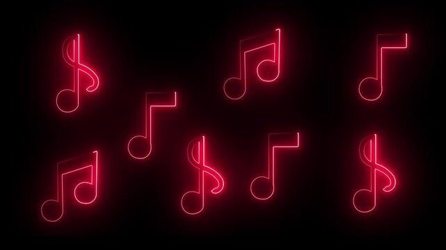 Glowing neon line music icon animation on black background. Neon sing song red color music icon...