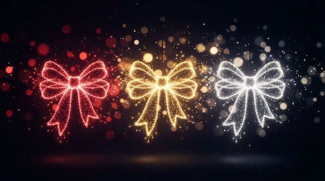 Abstract Glowing Christmas Sparkler Ornaments in Red Gold and White Bokeh Blurred Magic Backdrop