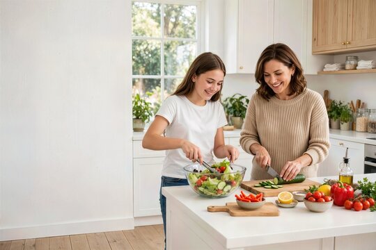 Mother and teenage daughter preparing fresh salad together
