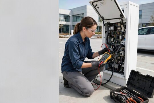 Woman technician testing EV charging station with multimeter