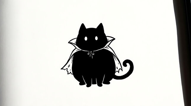 A round black cat wears a flowing vampire cape in this funny scene featuring a small pet dressed as a mysterious monster for a holiday celebration or a whimsical artistic project for your