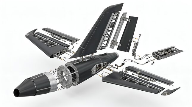 Exploded 3D render of carbon fiber aircraft tail and wing assembly showing internal mechanical components and aerospace engineering structure on white background