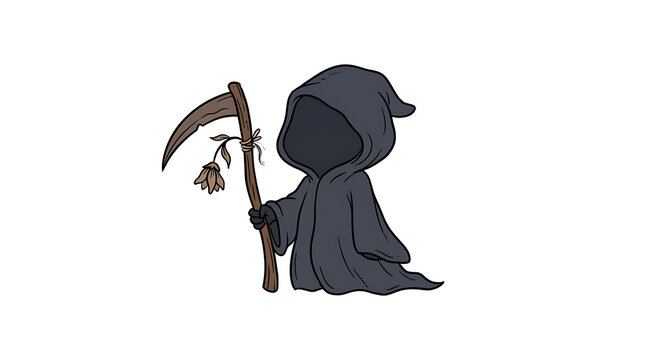 A small grim reaper character wearing a dark hooded cloak holding a wooden scythe with a withered flower attached representing mortality and death in a fun cartoon style for various creative