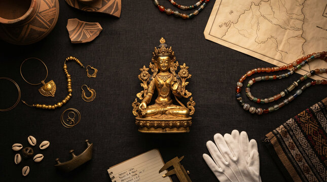 Overhead museum research arrangement of archaeological objects including a gilded seated figure, ancient jewelry, beads, pottery fragments, shells, textile, map, gloves, and measuring tools.