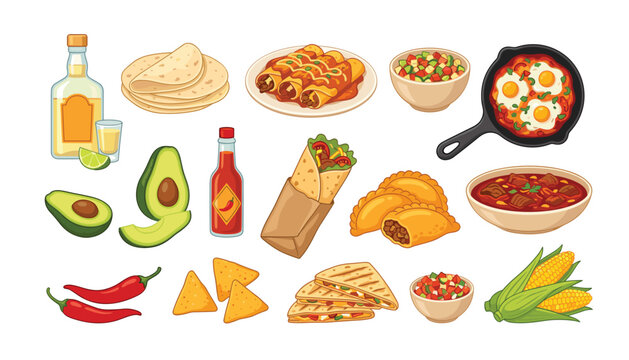 Traditional Mexican food vector element set featuring tacos, burrito, quesadilla, enchiladas, nachos, avocado, chili pepper and tequila flat design.