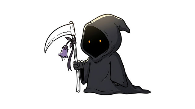 Small hooded grim reaper figure holding a sharp scythe decorated with a small purple flower represents the mysterious concept of mortality in a cartoon style designed for spooky seasonal
