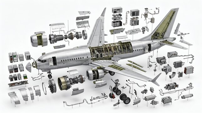 Detailed 3D exploded view of a commercial jet airplane and components showing engine, fuselage, and landing gear for aerospace engineering and maintenance visualization