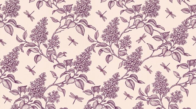 Seamless toile pattern with hand-drawn lilac branches and small dragonflies on cream background