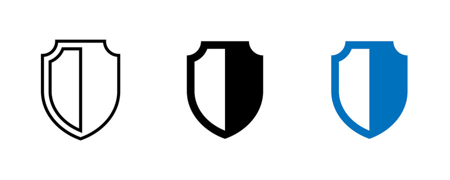 Shield protection icons in outline black and blue styles for data security applications on transparent background.