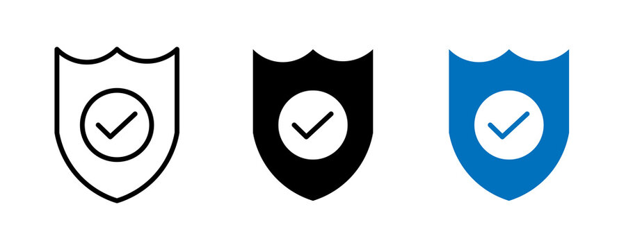 Crest shaped security shield with verification checkmark icons in multiple styles for web on transparent background.
