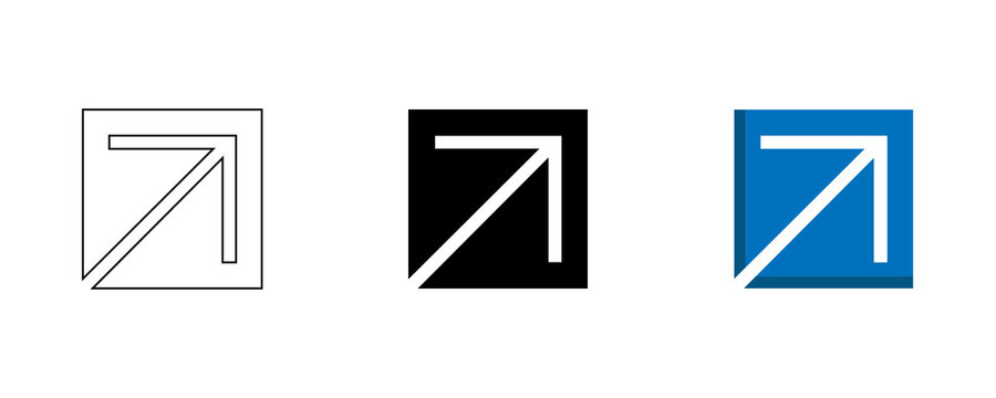 Corner arrow square frame icon set in black and blue for interface navigation and linking on transparent background.