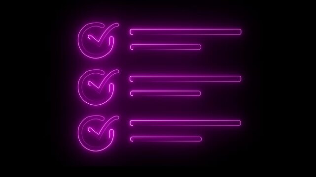 Glowing neon File document icon isolated on black background. Neon line glow Tasks check & checklist icon.