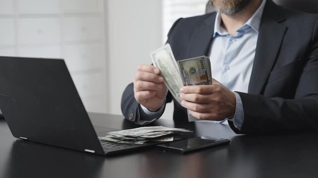 Businessman counting dollars close-up. Banker counting money. Office scene with hands count money. Counting cash close up. Finance expert. Financial manager handling money. Business and financial.