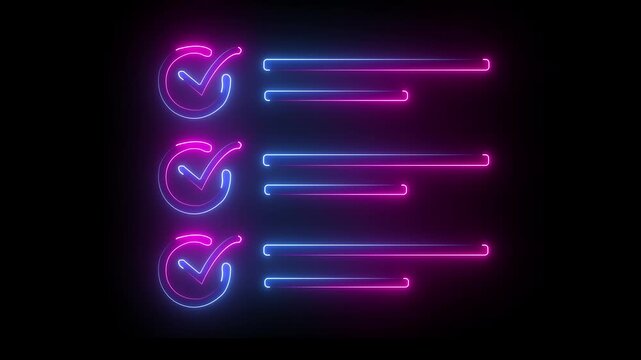 Glowing neon File document icon isolated on black background. Neon line glow Tasks check & checklist icon.