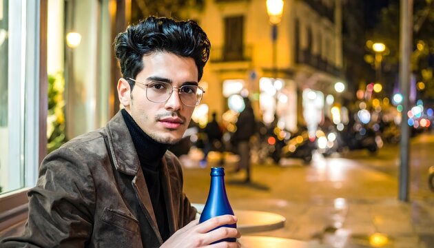 Hombre joven con gafas sosteniendo una botella azul en calle nocturna