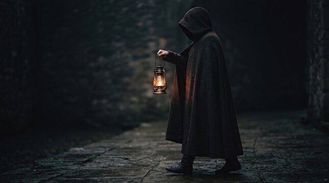 Hooded figure holding a glowing lantern on a dark stone path