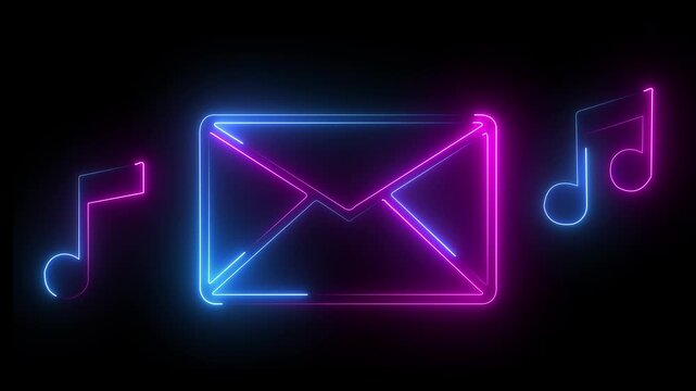 Glowing neon line music & mail icon animation and black background