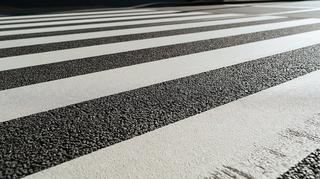 Close-up view of a clean, modern pedestrian crossing with sharp white stripes on asphalt