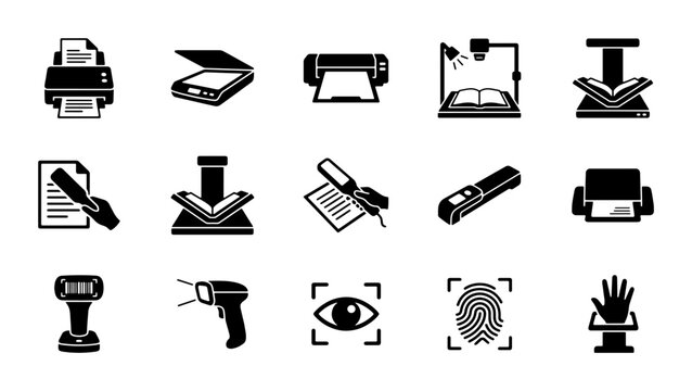 Scanner icon set for document digitization, office printing hardware glyphs, barcode scanner and biometric scan vector symbols