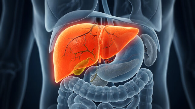 Human liver highlighted in a translucent anatomical body illustration for medical use