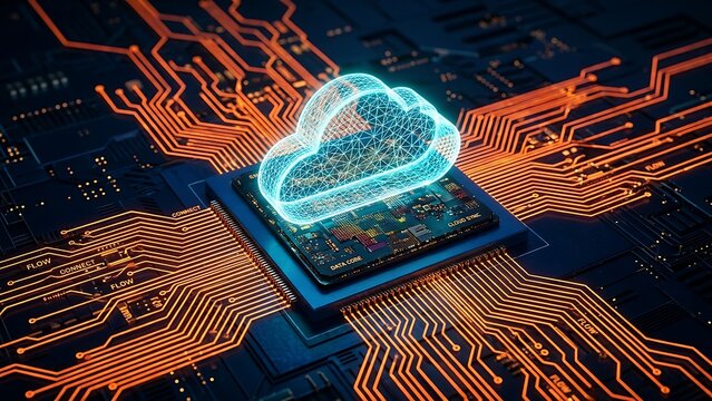 Glowing digital cloud computing data network hovering above a modern processor chip inside a computer motherboard