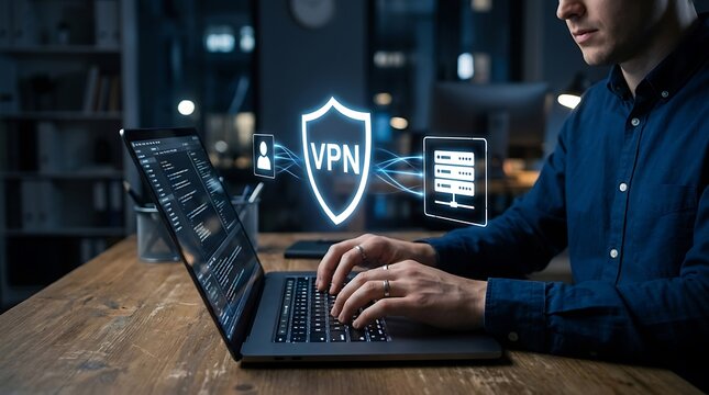 Professional programmer typing on laptop with virtual security vpn icons glowing in office