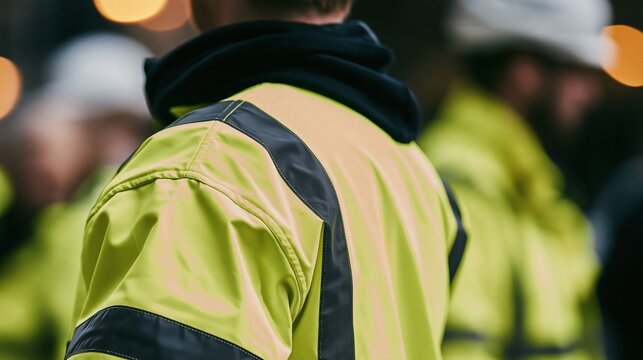Close-up of construction workers wearing high-visibility safety jackets in an outdoor industrial setting