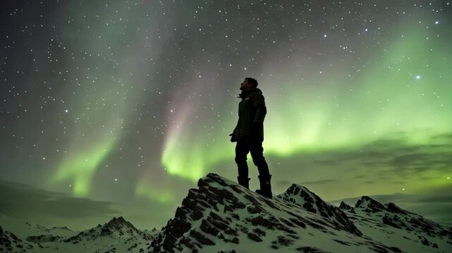 Lone silhouette gazing at vibrant aurora borealis over snow-capped mountains under starry night sky cinematic