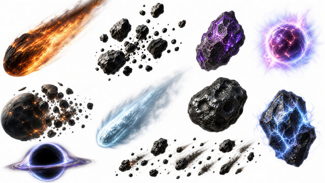 Collection of burning meteors, falling asteroids, and magical space rocks isolated on white