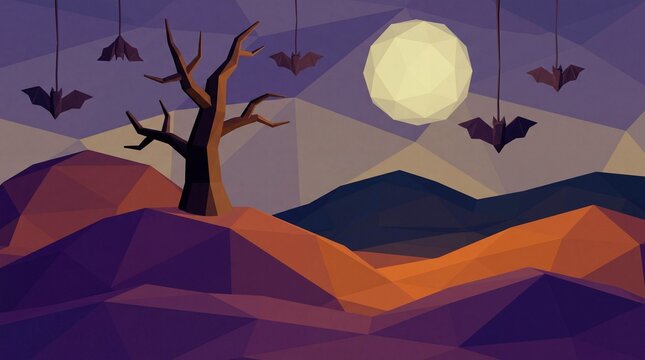 Low poly Halloween landscape with a full moon and bats in a spooky