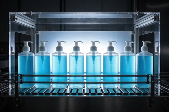 Unbranded Pet Shampoo Pump Bottles with Blue Liquid Passing Through Acrylic Guarded Conveyor in Automated Factory Production Line