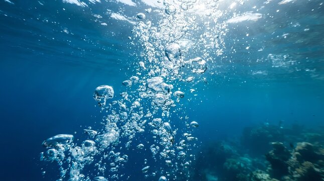 Stunning View Looking Up Through Water Surface Exploring Clear Blue Ocean Waves Creating Air Bubbles