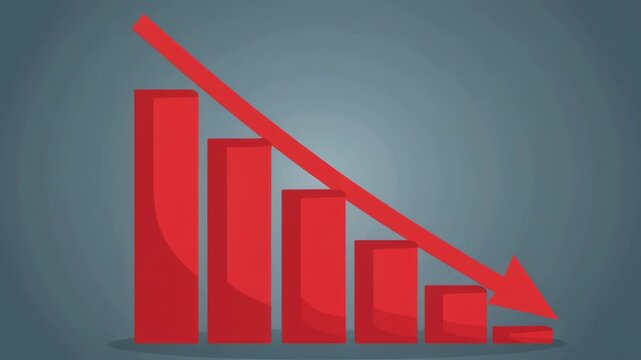Red bar graph declining sharply with downward arrow on gradient background illustrating financial loss
