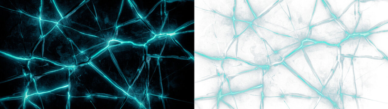 Abstract background with glowing cyan cracks on dark and light surfaces, split screen design with broken glass effect and electric energy texture isolated on transparent background