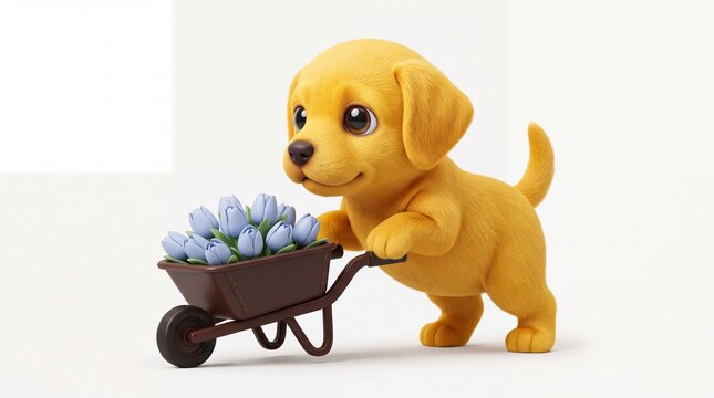 Cute puppy cartoon vektor pushing wheelbarrow with blue tulips