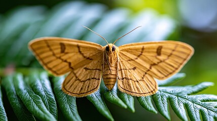 Obraz premium Close-up of a delicate amber-colored moth with intricate wing patterns resting on a vibrant green fern leaf