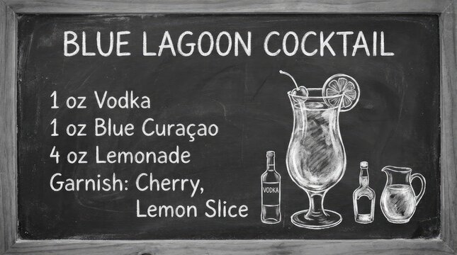 Blue Lagoon cocktail recipe on vintage chalkboard menu.